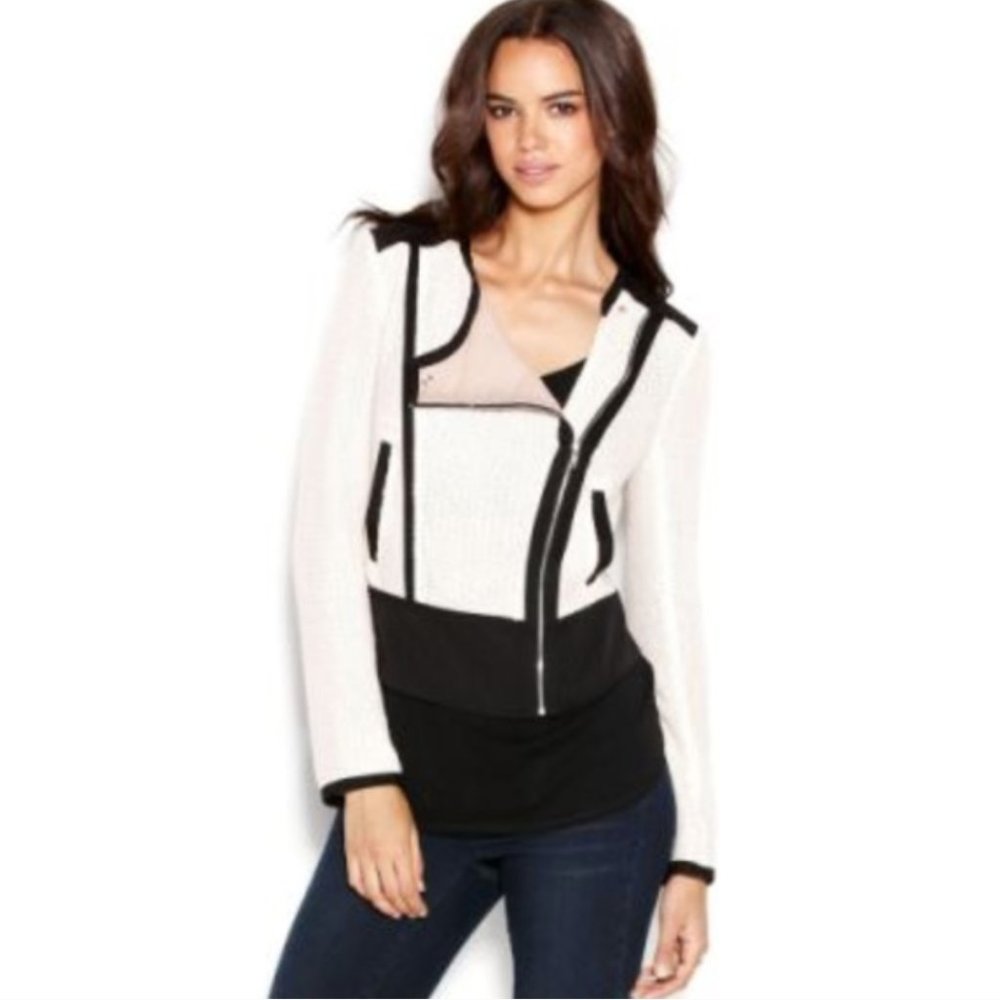 Rachel Roy Cream/Black Moto Style Jacket (Size 0)